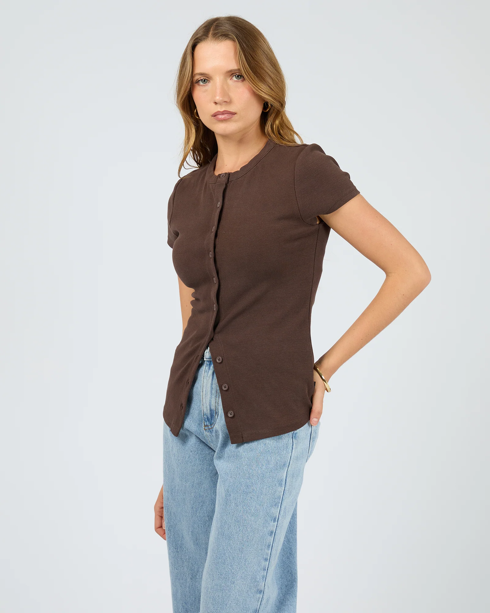 Button Up Short Sleeve Tee Chocolate - Image 4