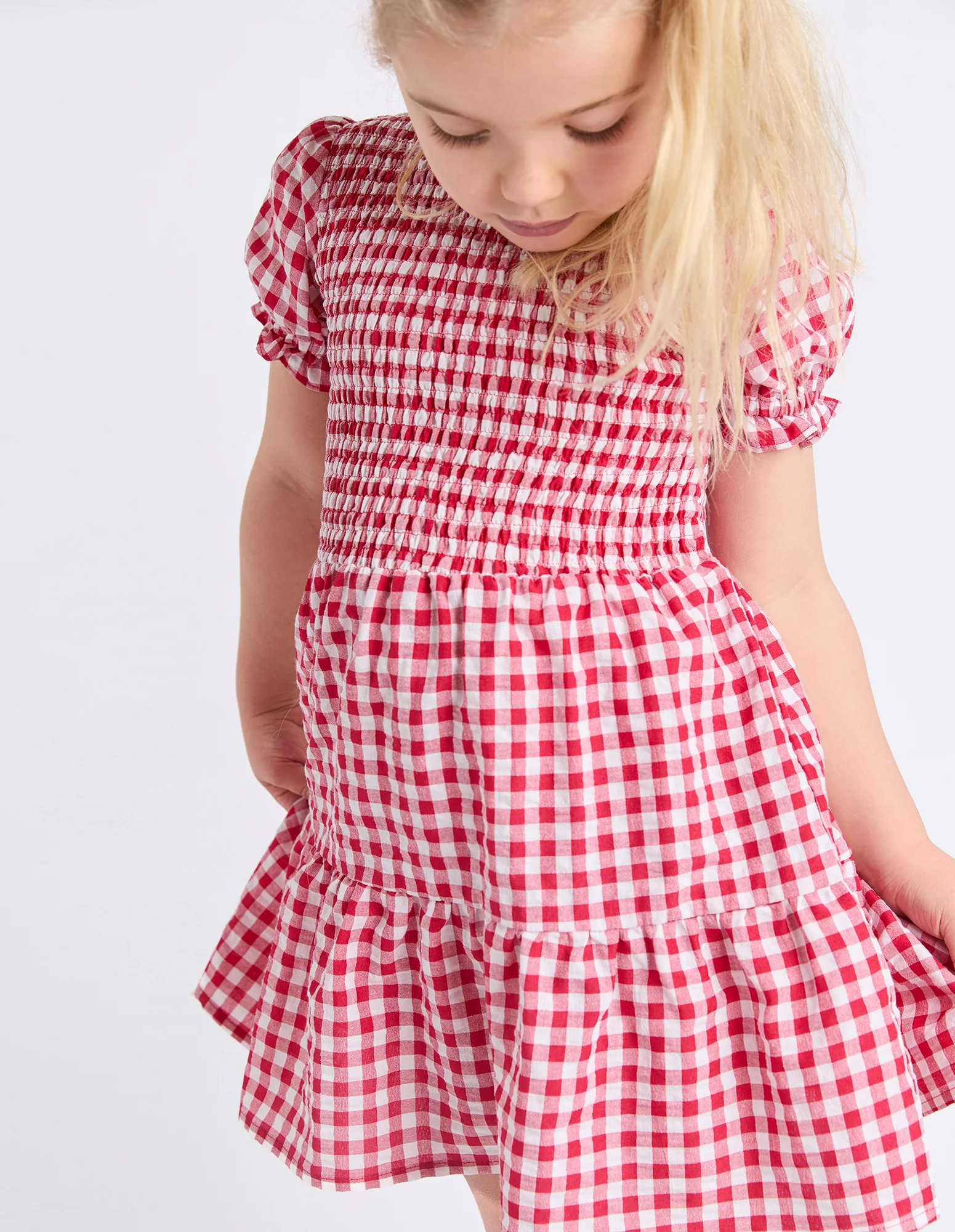 Kids Elsa Gingham Shirred Dress Red - Image 4